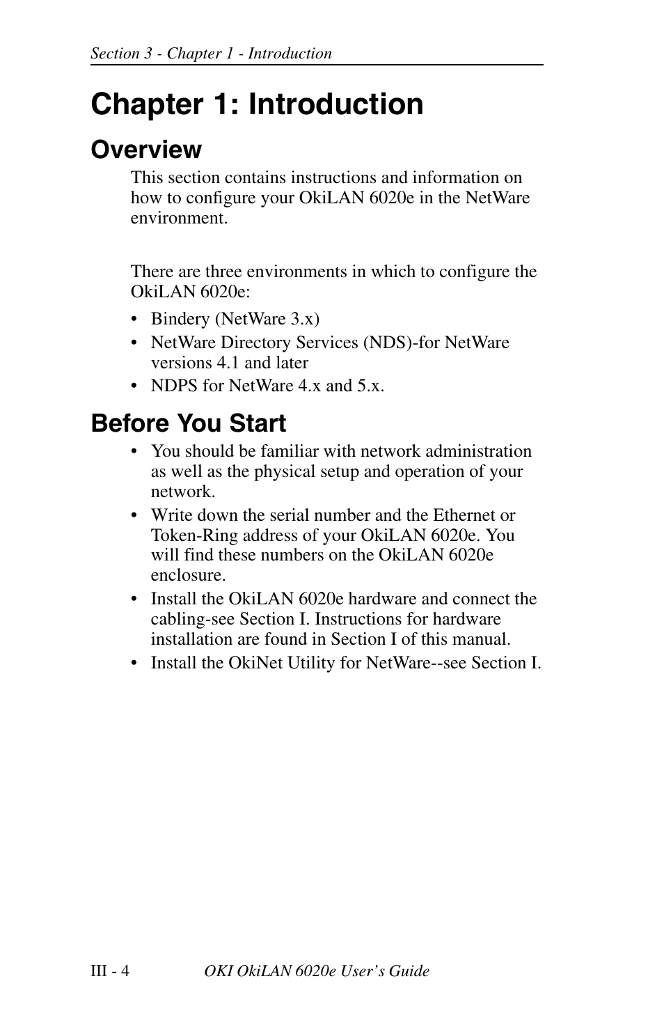Chapter 1: introduction, Overview, Before you start | Oki lan 6020E User Manual | Page 48 / 226