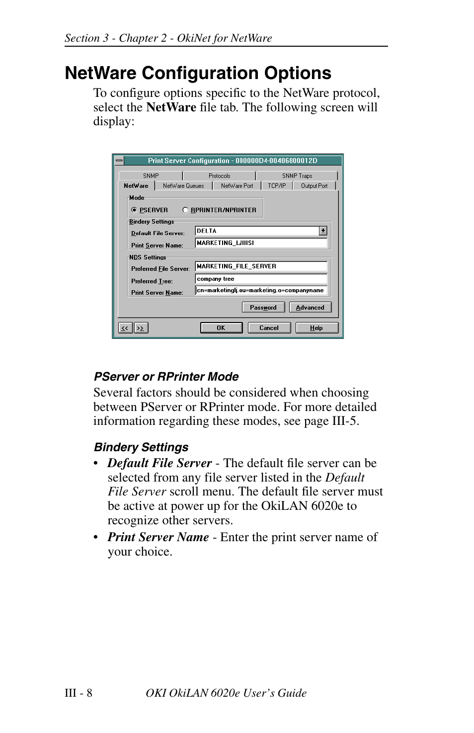 Netware configuration options | Oki lan 6020E User Manual | Page 52 / 226