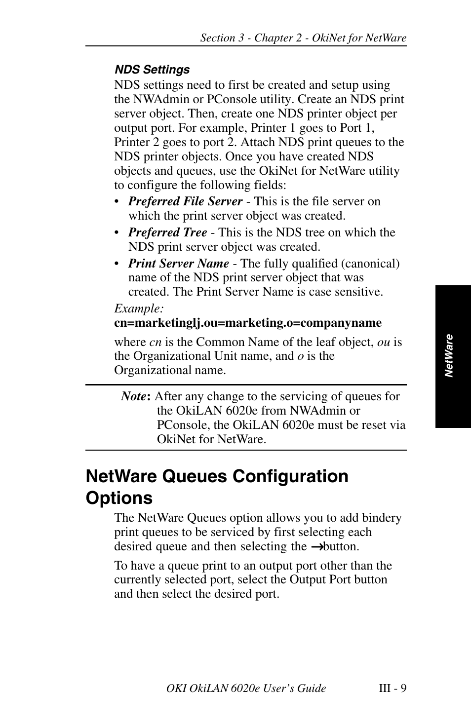 Netware queues configuration options | Oki lan 6020E User Manual | Page 53 / 226