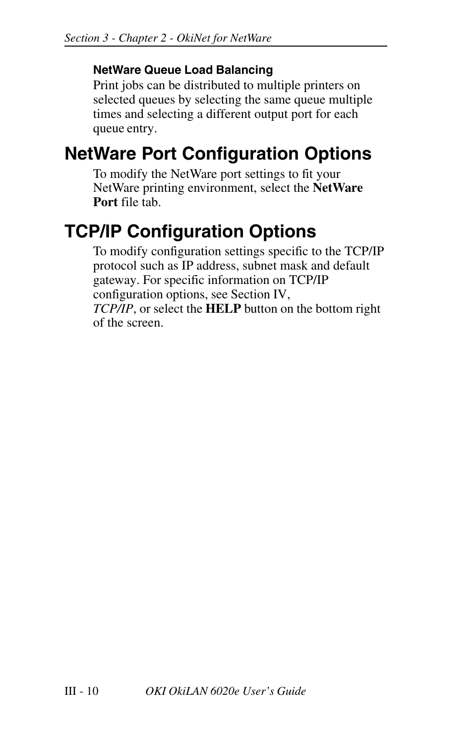 Netware port configuration options, Tcp/ip configuration options | Oki lan 6020E User Manual | Page 54 / 226
