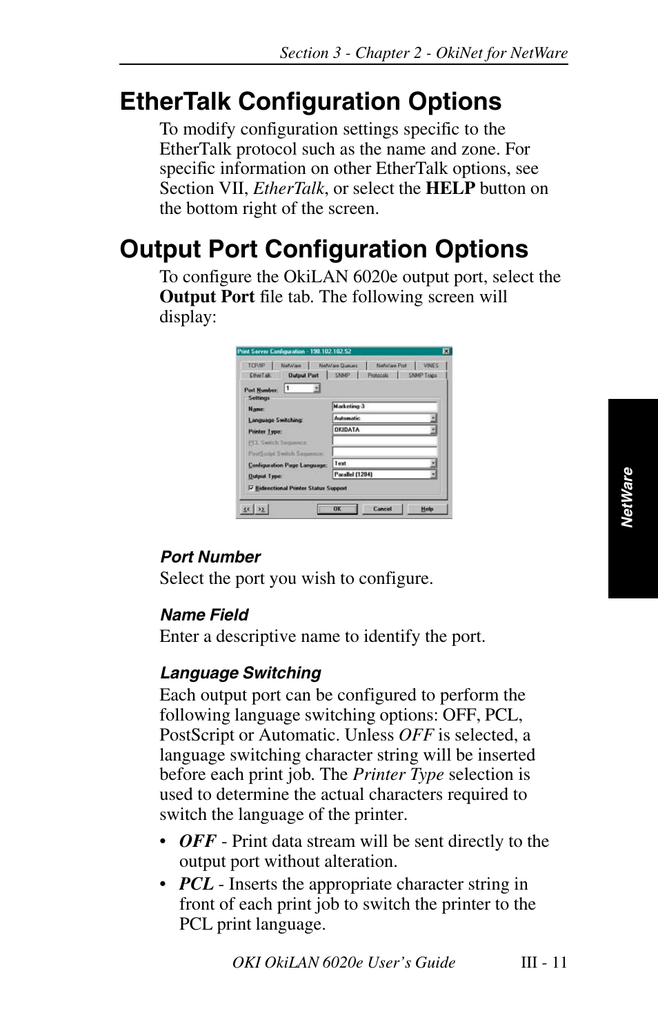 Ethertalk configuration options, Output port configuration options | Oki lan 6020E User Manual | Page 55 / 226