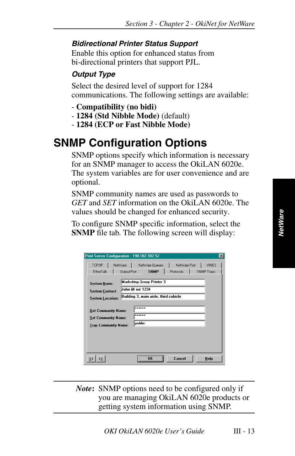 Snmp configuration options | Oki lan 6020E User Manual | Page 57 / 226
