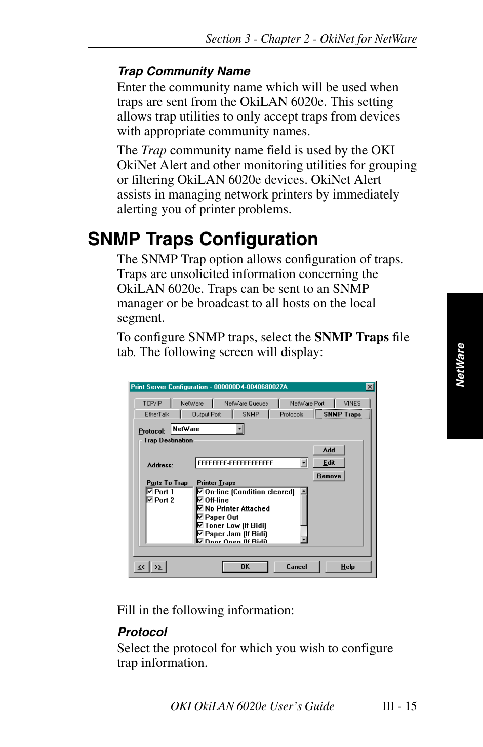 Snmp traps configuration | Oki lan 6020E User Manual | Page 59 / 226