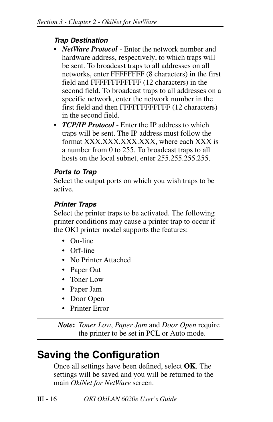 Saving the configuration | Oki lan 6020E User Manual | Page 60 / 226