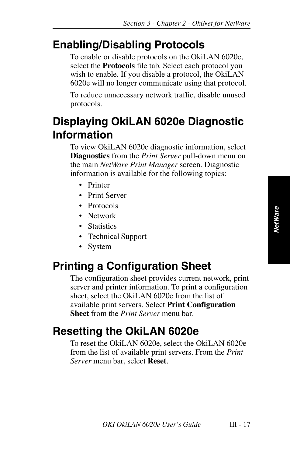 Enabling/disabling protocols, Displaying okilan 6020e diagnostic information, Printing a configuration sheet | Resetting the okilan 6020e | Oki lan 6020E User Manual | Page 61 / 226