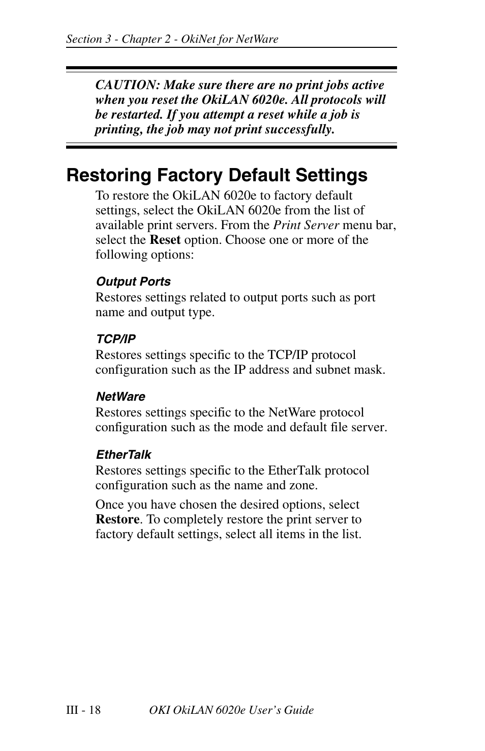Restoring factory default settings | Oki lan 6020E User Manual | Page 62 / 226