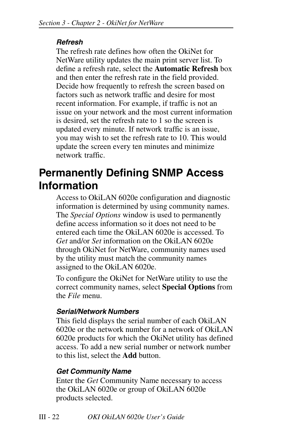 Permanently defining snmp access information | Oki lan 6020E User Manual | Page 66 / 226