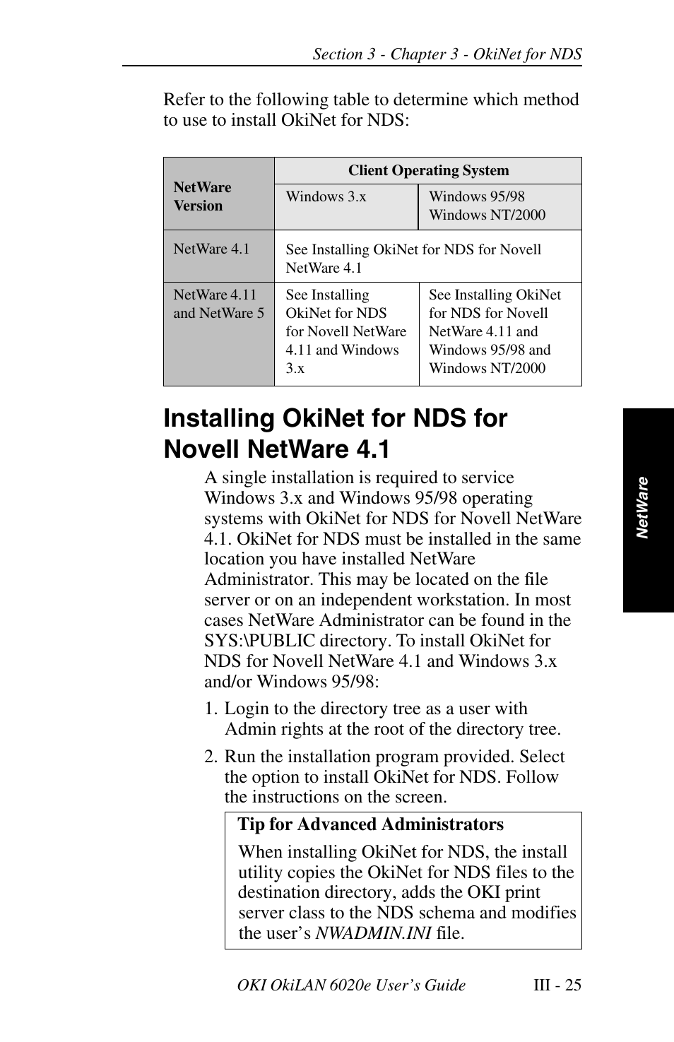 Installing okinet for nds for novell netware 4.1 | Oki lan 6020E User Manual | Page 69 / 226