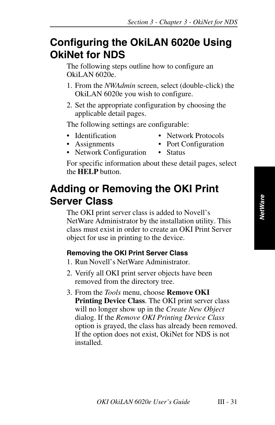 Configuring the okilan 6020e using okinet for nds, Adding or removing the oki print server class | Oki lan 6020E User Manual | Page 75 / 226