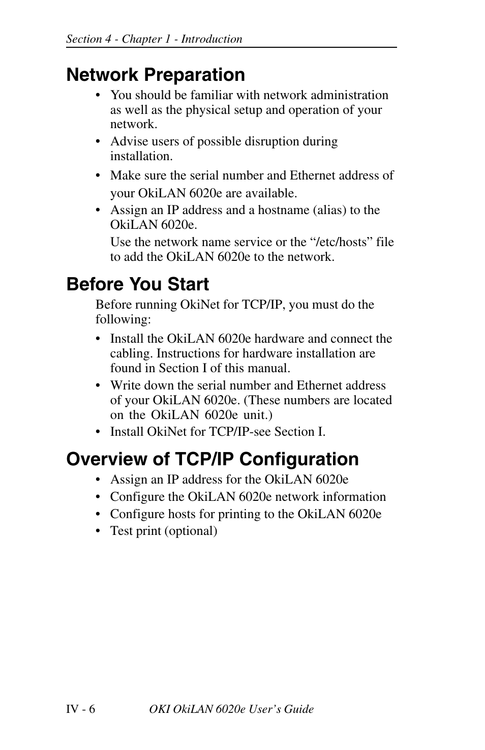 Chapter 1introduction, Overview, Software requirements | Network preparation, Before you start, Overview of tcp/ip configuration | Oki lan 6020E User Manual | Page 88 / 226