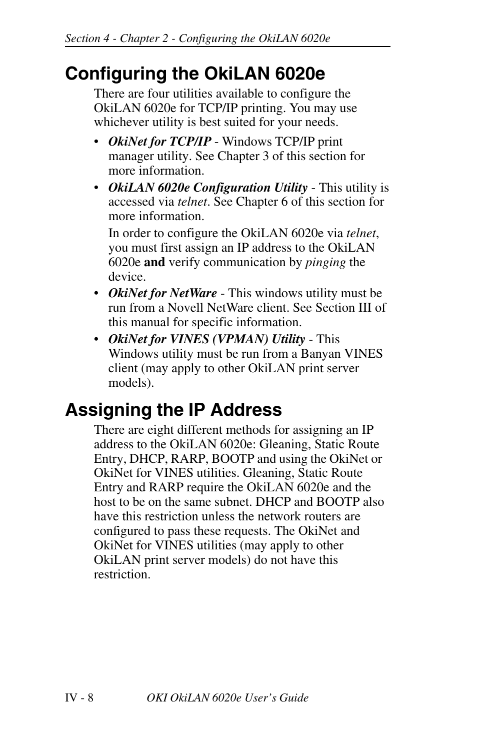 Chapter 2 configuring the okilan 6020e, Choosing an ip address, Configuring the okilan 6020e | Assigning the ip address | Oki lan 6020E User Manual | Page 90 / 226