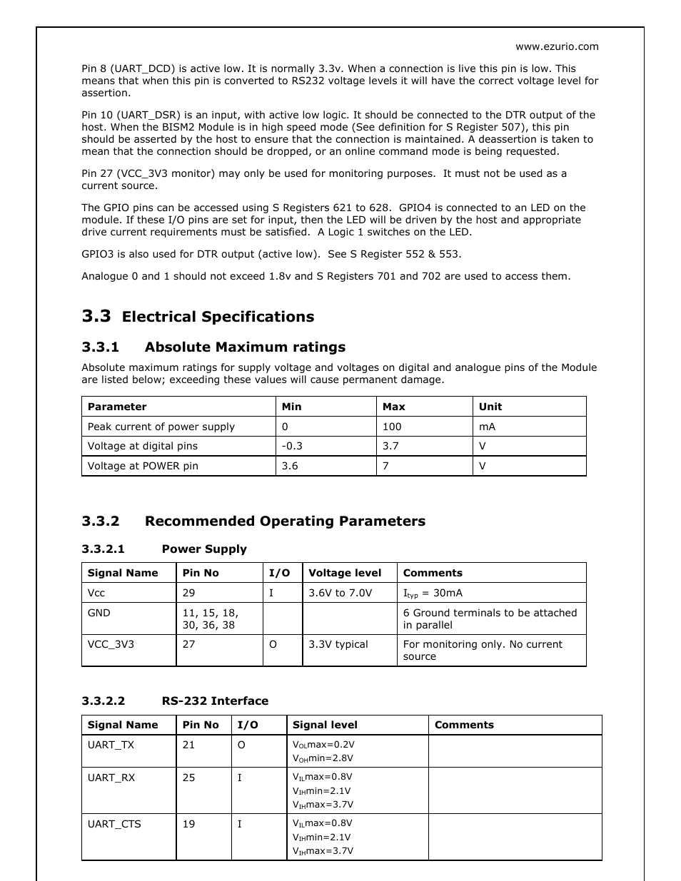 Electrical specifications, 1 absolute maximum ratings, 2 recommended operating parameters | Oki BISM2 User Manual | Page 5 / 34