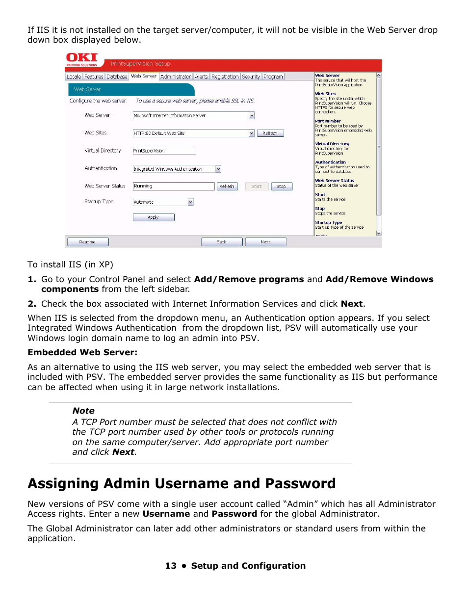 Assigning admin username and password | Oki PrintSuperVision 59318401 User Manual | Page 13 / 78