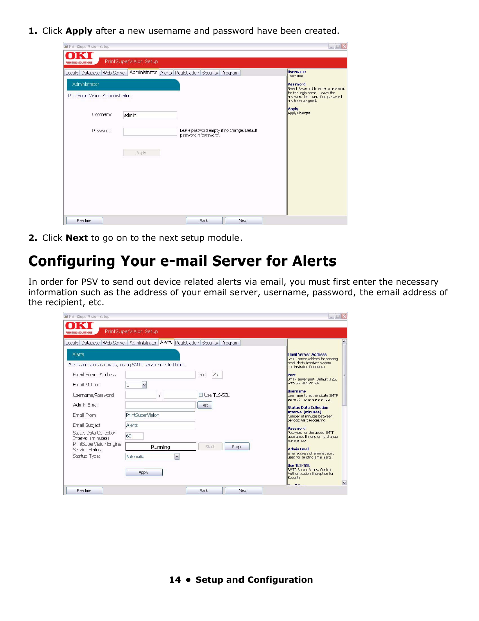 Configuring your e-mail server for alerts, Configured your e-mail server for alerts | Oki PrintSuperVision 59318401 User Manual | Page 14 / 78