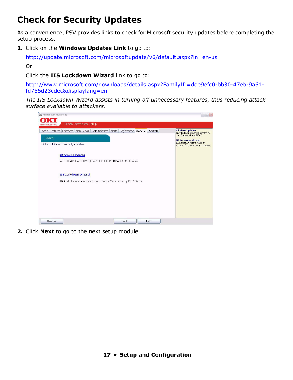 Check for security updates | Oki PrintSuperVision 59318401 User Manual | Page 17 / 78