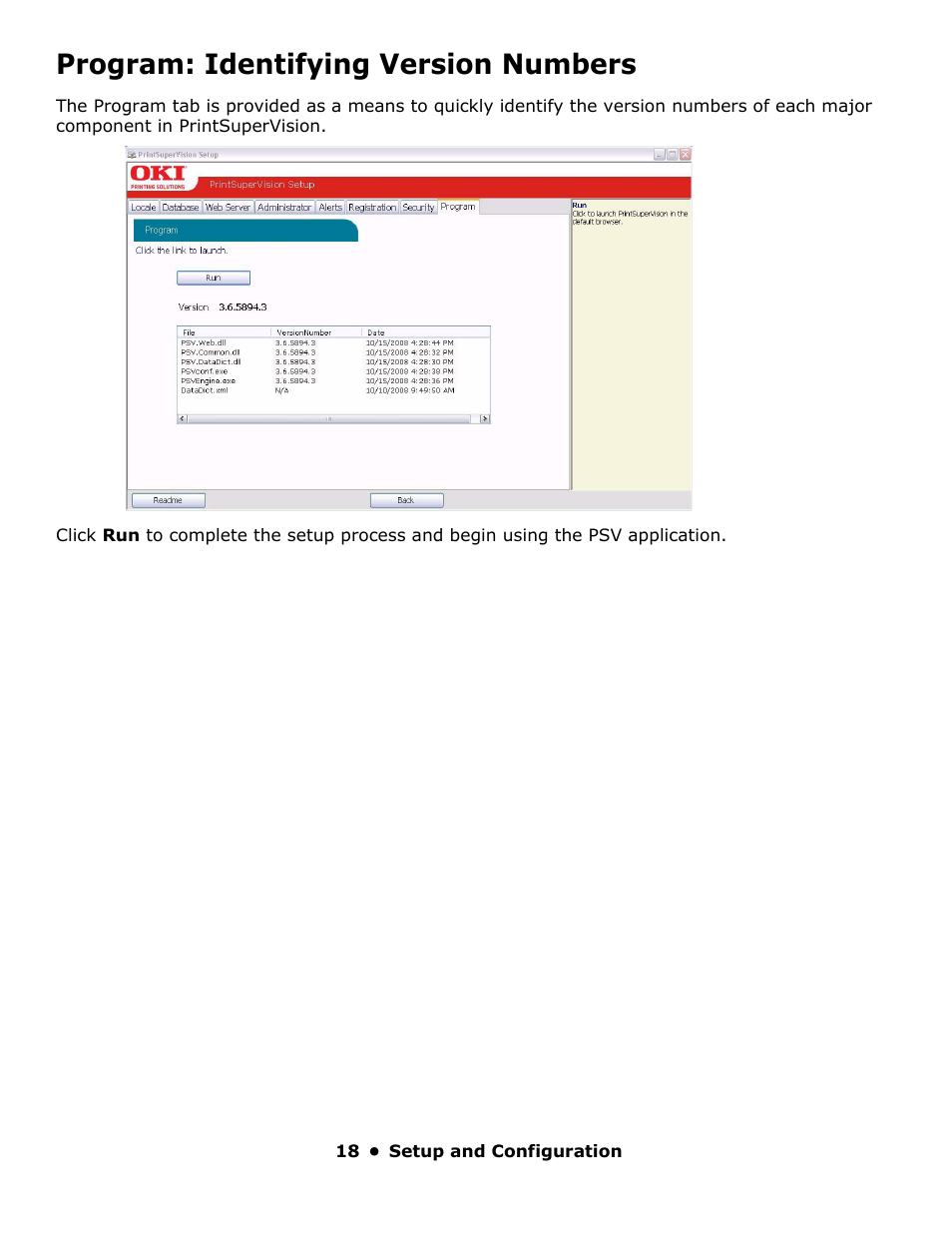 Program: identifying version numbers | Oki PrintSuperVision 59318401 User Manual | Page 18 / 78