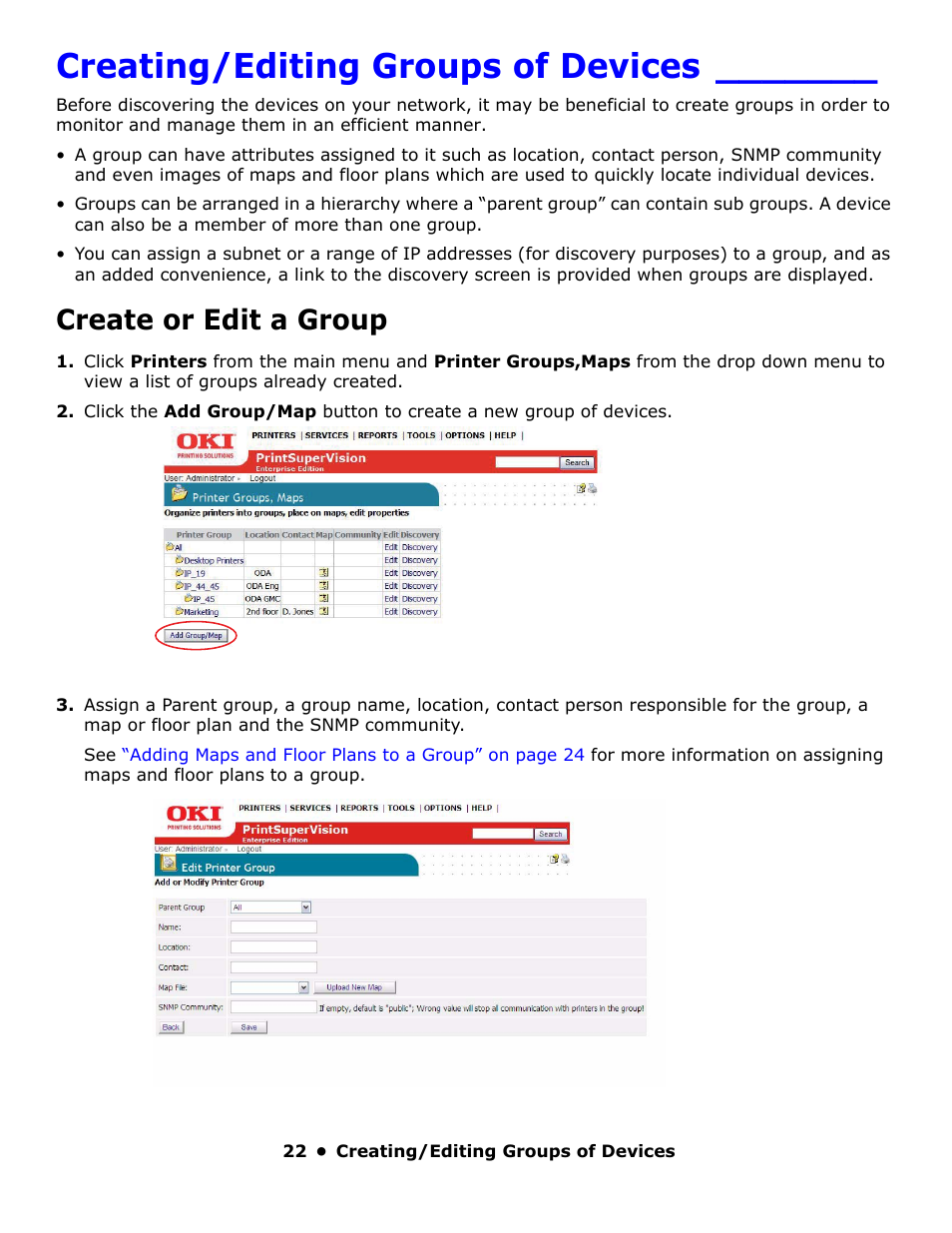 Creating/editing groups of devices, Create or edit a group | Oki PrintSuperVision 59318401 User Manual | Page 22 / 78
