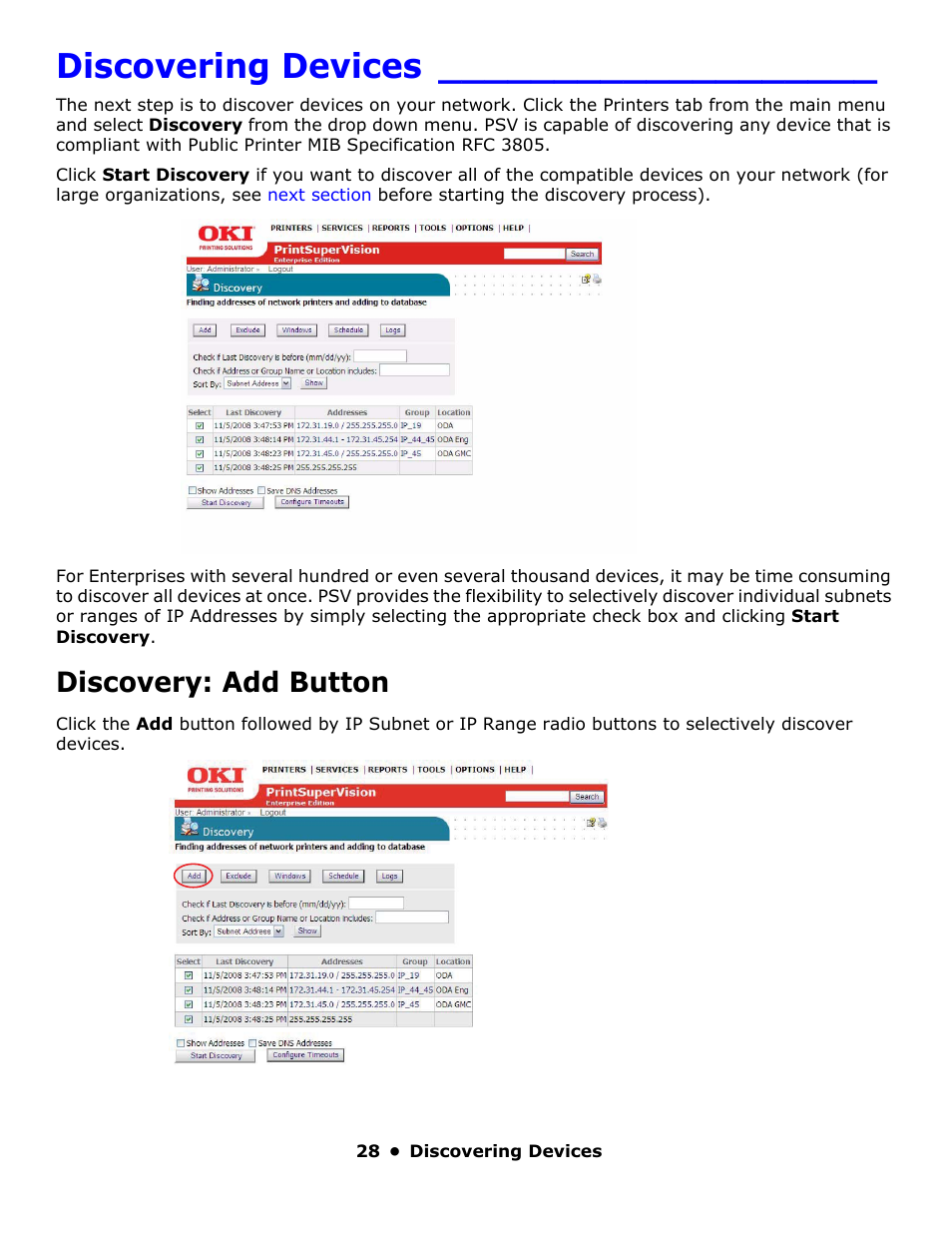 Discovering devices, Discovery: add button | Oki PrintSuperVision 59318401 User Manual | Page 28 / 78