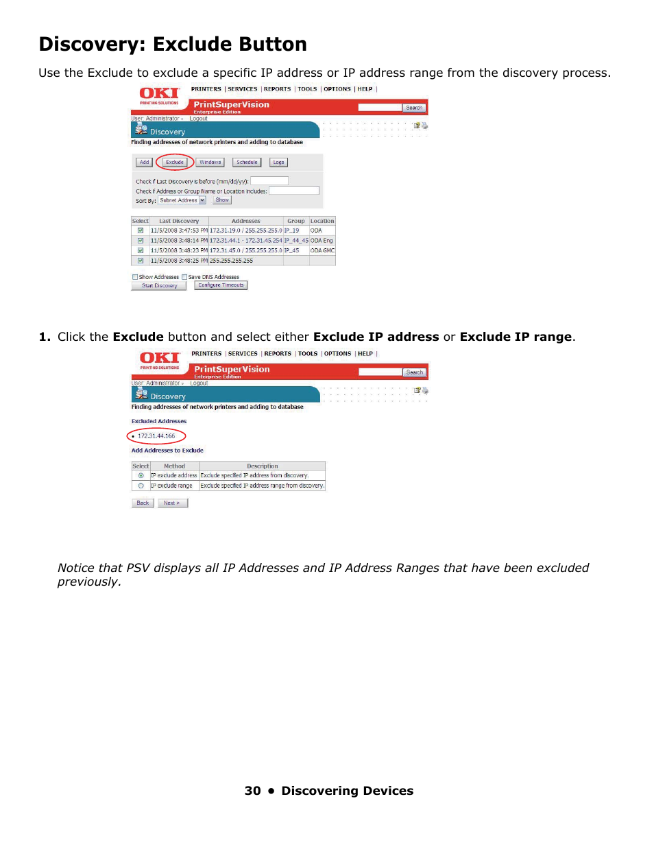 Discovery: exclude button | Oki PrintSuperVision 59318401 User Manual | Page 30 / 78