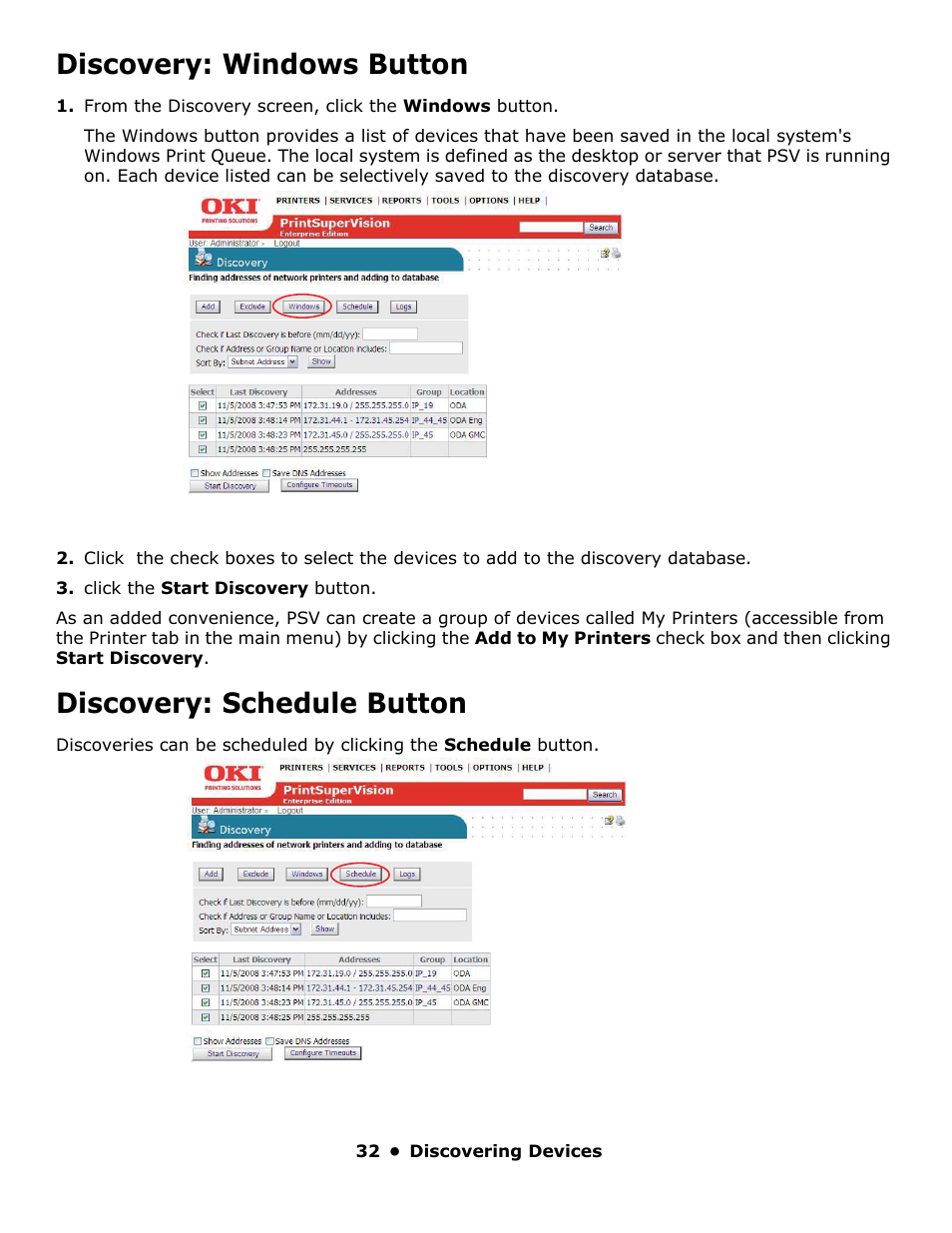Discovery: windows button, Discovery: schedule button | Oki PrintSuperVision 59318401 User Manual | Page 32 / 78