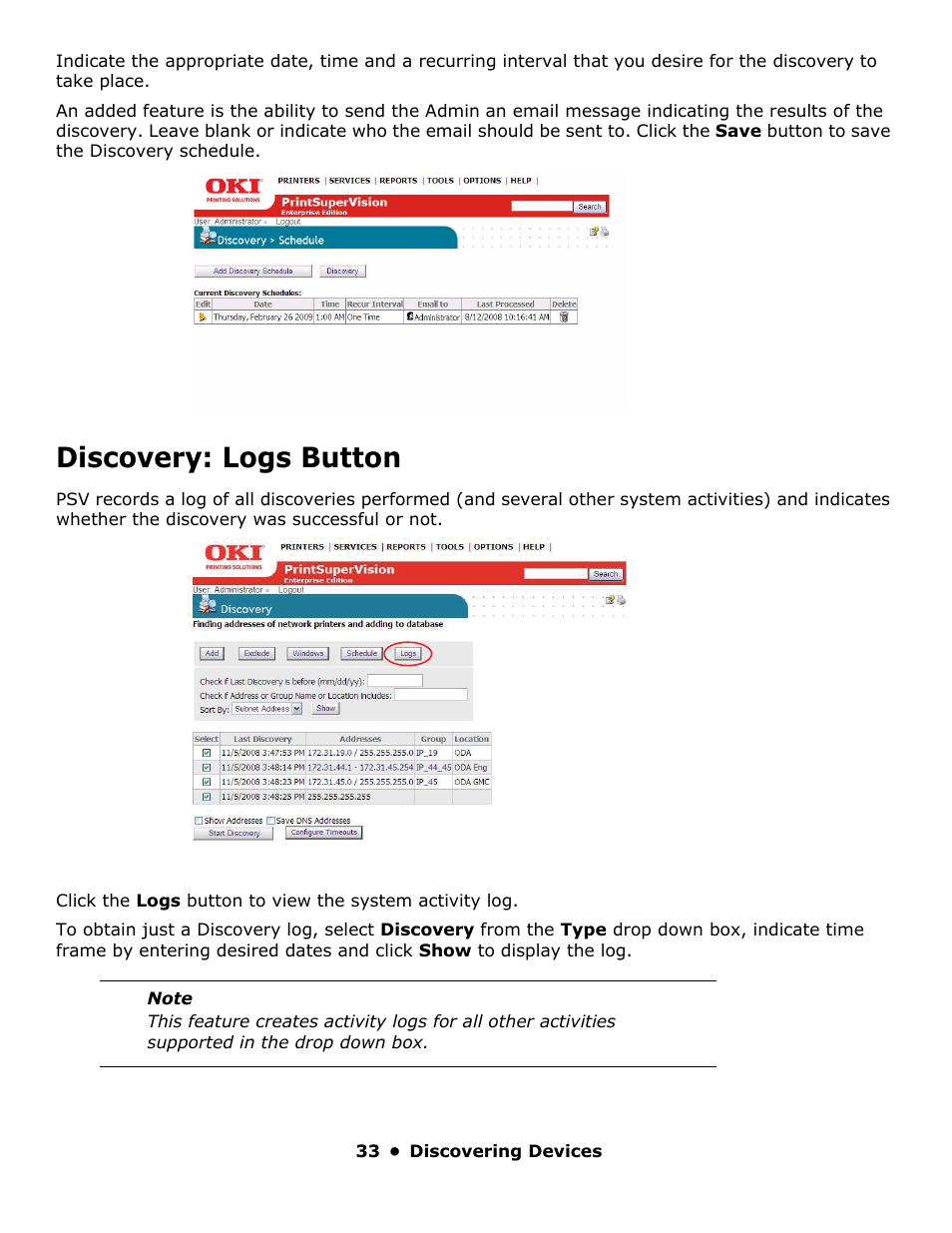 Discovery: logs button | Oki PrintSuperVision 59318401 User Manual | Page 33 / 78