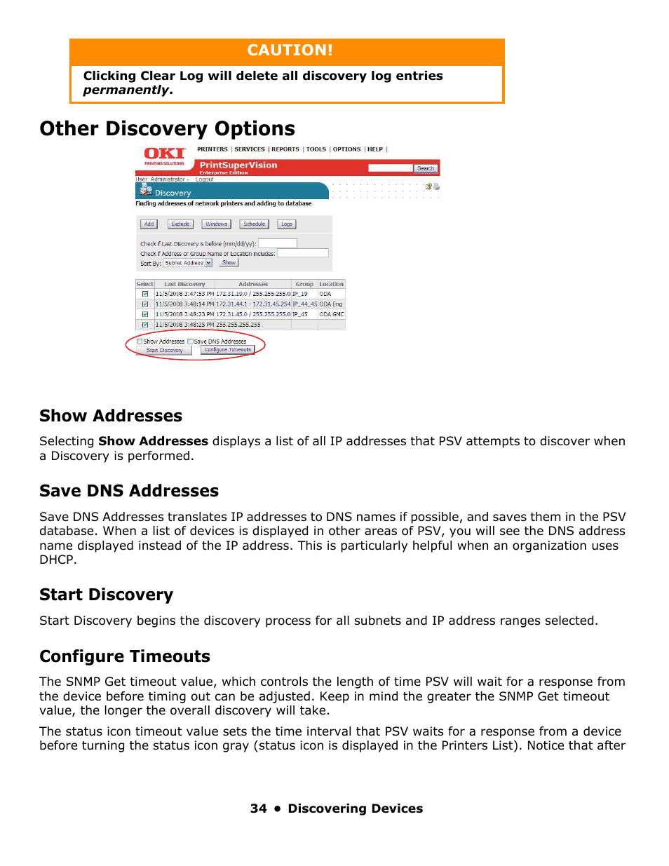 Other discovery options, Show addresses, Save dns addresses | Start discovery, Configure timeouts | Oki PrintSuperVision 59318401 User Manual | Page 34 / 78