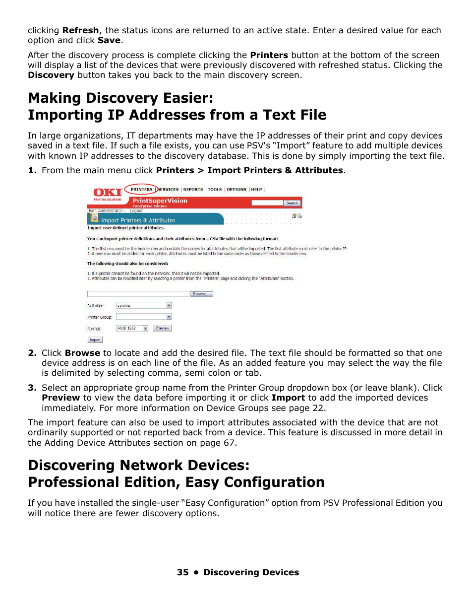 Making discovery easier, Importing ip addresses from a text file, Discovering network devices | Professional edition, easy configuration | Oki PrintSuperVision 59318401 User Manual | Page 35 / 78