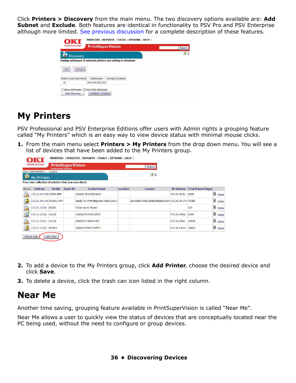 My printers, Near me | Oki PrintSuperVision 59318401 User Manual | Page 36 / 78