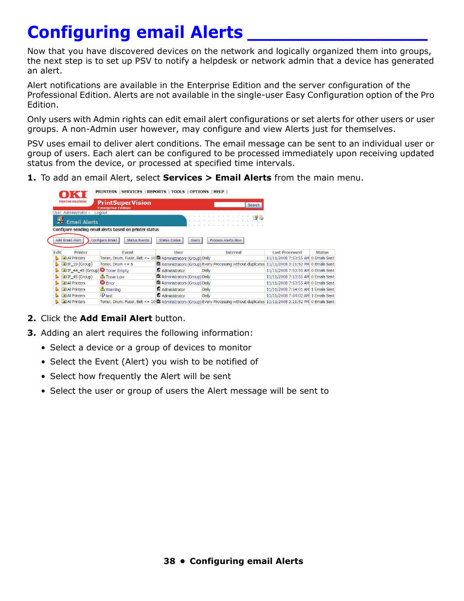 Configuring email alerts | Oki PrintSuperVision 59318401 User Manual | Page 38 / 78