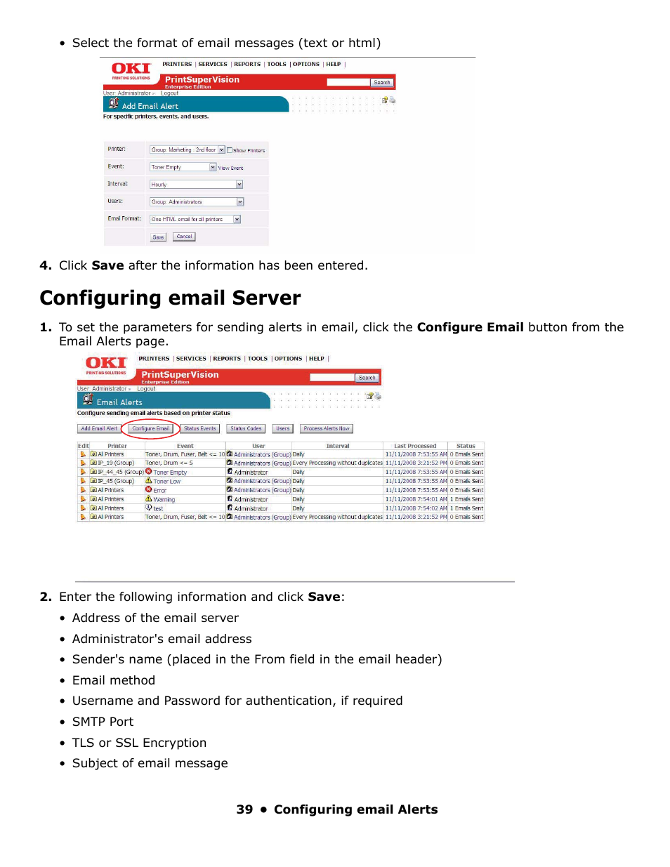 Configuring email server | Oki PrintSuperVision 59318401 User Manual | Page 39 / 78