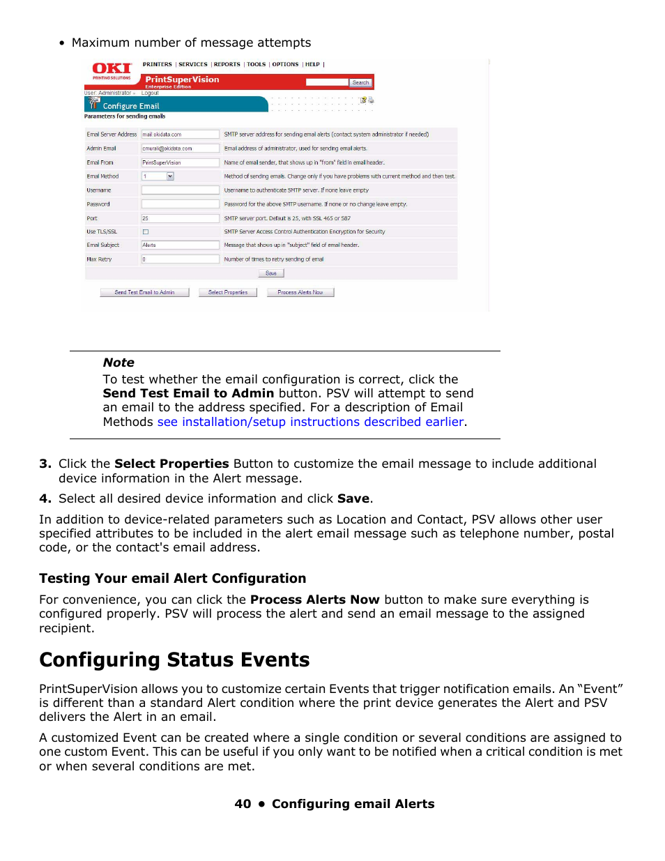 Configuring status events | Oki PrintSuperVision 59318401 User Manual | Page 40 / 78