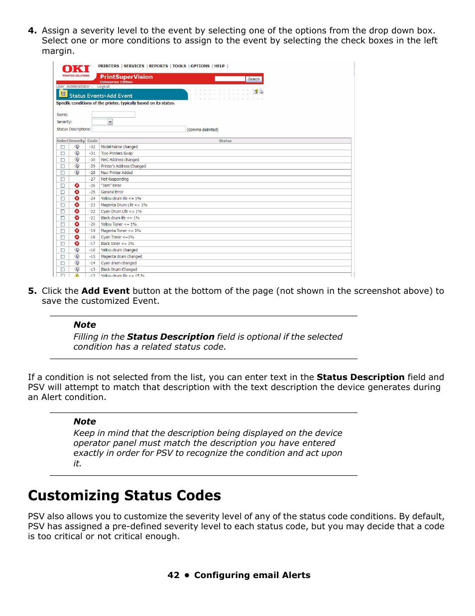 Customizing status codes | Oki PrintSuperVision 59318401 User Manual | Page 42 / 78