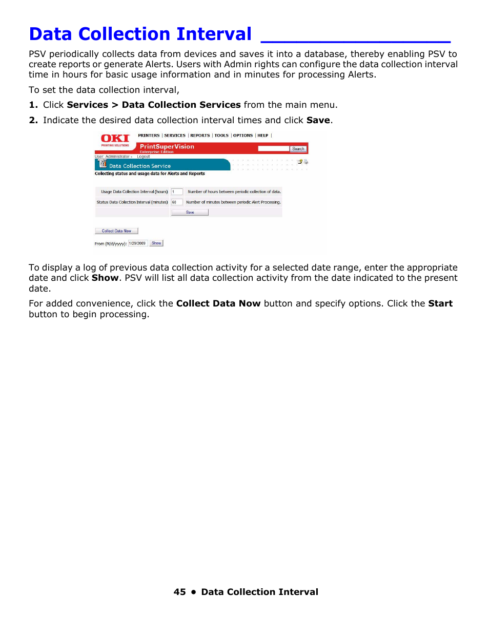Data collection interval | Oki PrintSuperVision 59318401 User Manual | Page 45 / 78