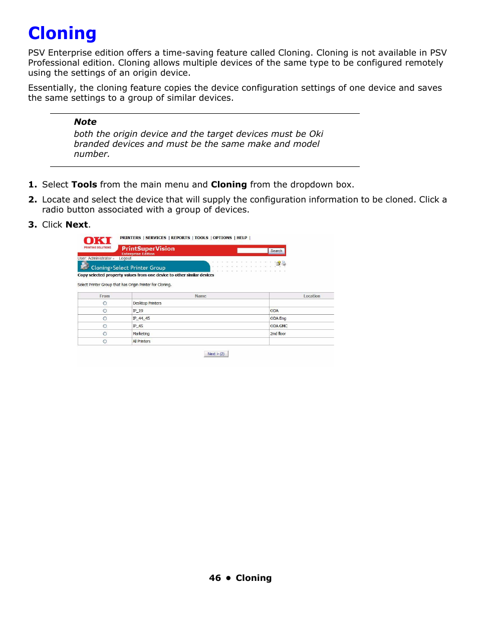 Cloning | Oki PrintSuperVision 59318401 User Manual | Page 46 / 78