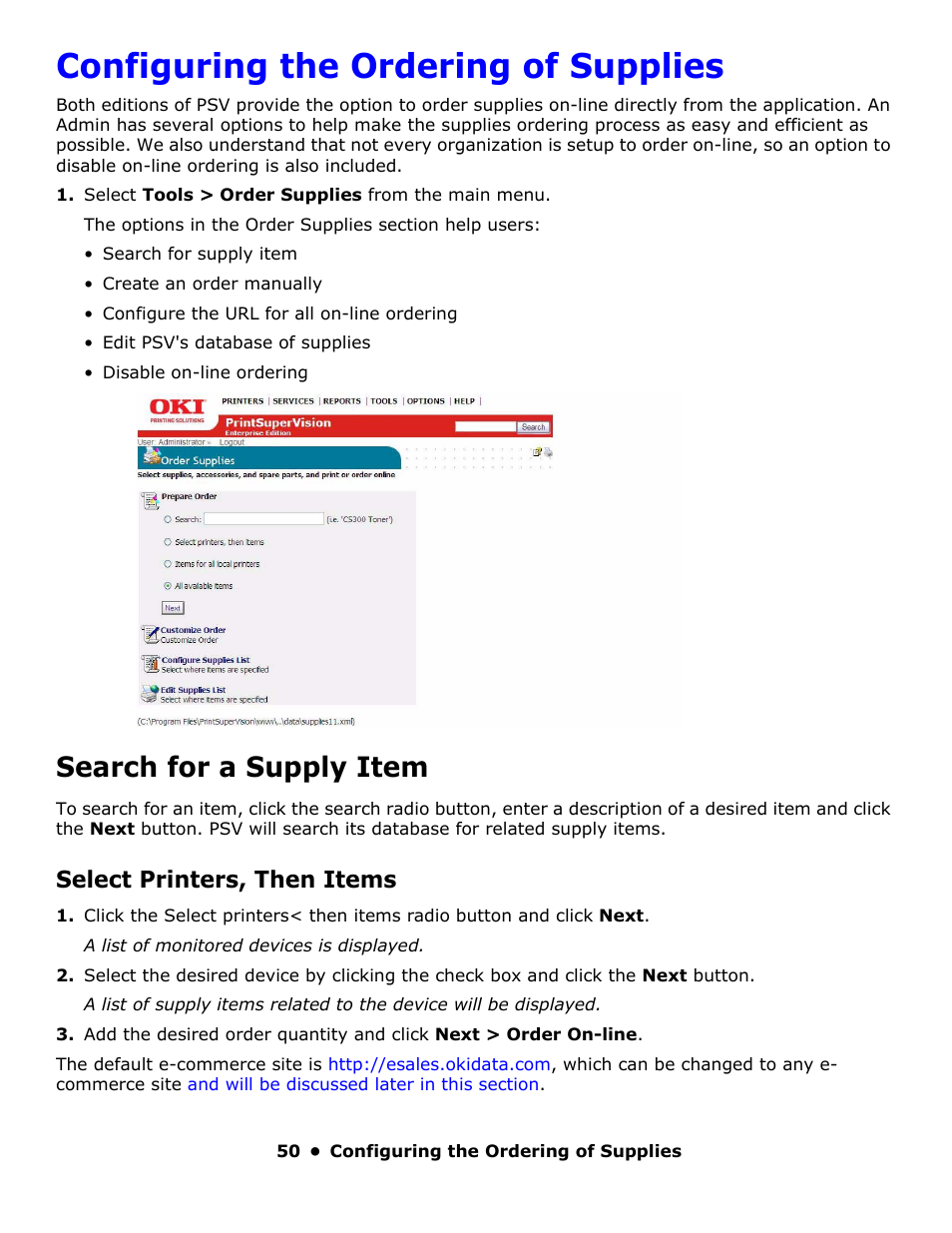 Configuring the ordering of supplies, Search for a supply item, Select printers, then items | Oki PrintSuperVision 59318401 User Manual | Page 50 / 78