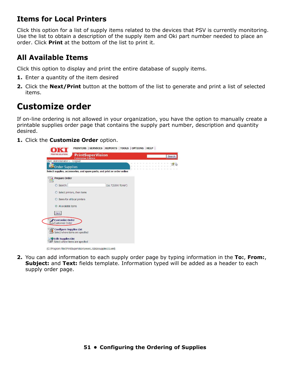 Items for local printers, All available items, Customize order | Oki PrintSuperVision 59318401 User Manual | Page 51 / 78