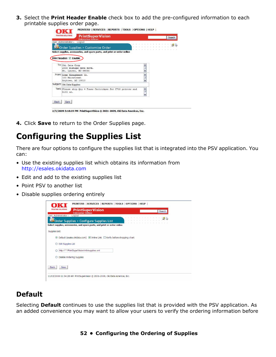 Configuring the supplies list, Default | Oki PrintSuperVision 59318401 User Manual | Page 52 / 78