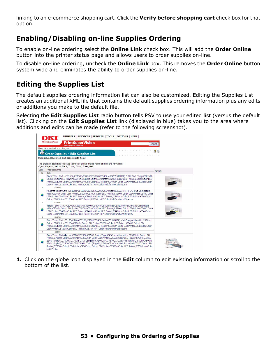 Enabling/disabling on-line supplies ordering, Editing the supplies list | Oki PrintSuperVision 59318401 User Manual | Page 53 / 78