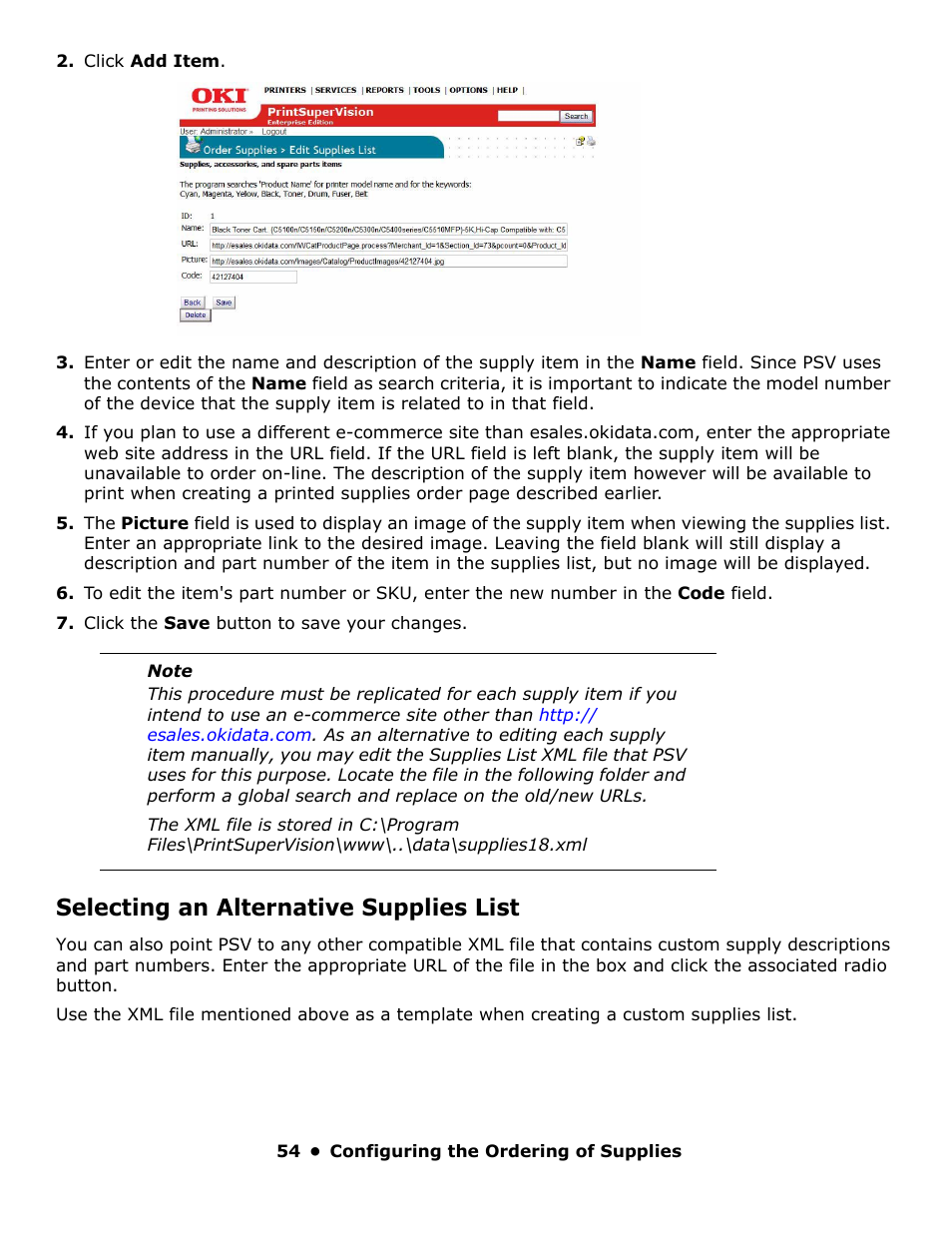Selecting an alternative supplies list | Oki PrintSuperVision 59318401 User Manual | Page 54 / 78