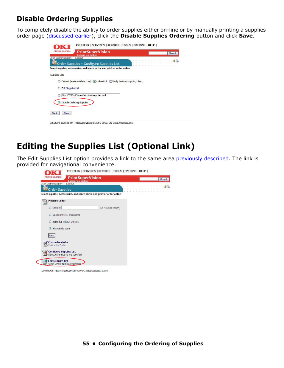 Disable ordering supplies, Editing the supplies list (optional link) | Oki PrintSuperVision 59318401 User Manual | Page 55 / 78