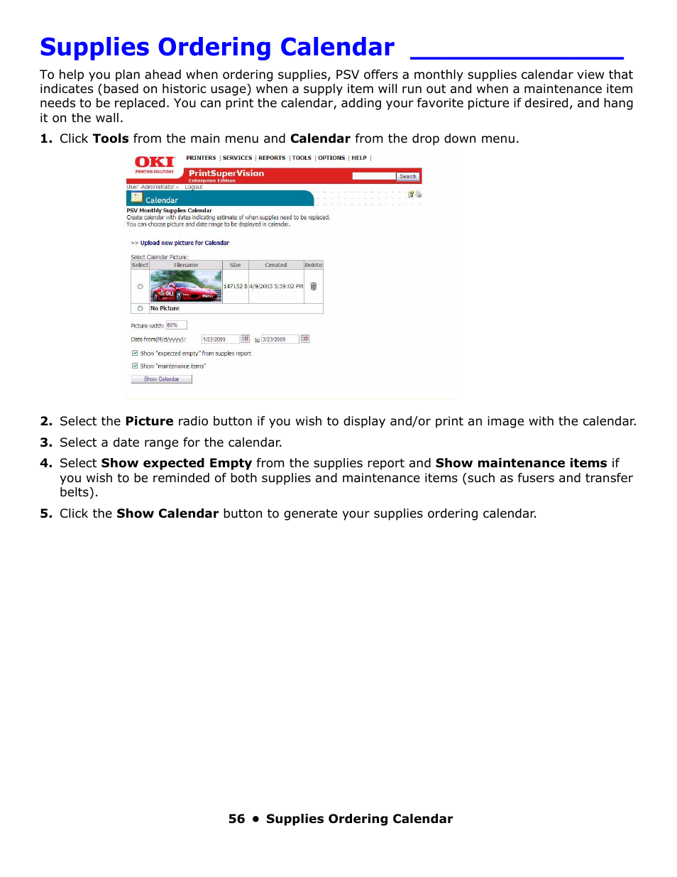 Supplies ordering calendar | Oki PrintSuperVision 59318401 User Manual | Page 56 / 78