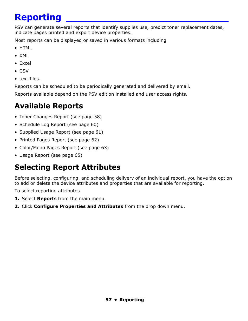 Reporting, Available reports, Selecting report attributes | Oki PrintSuperVision 59318401 User Manual | Page 57 / 78
