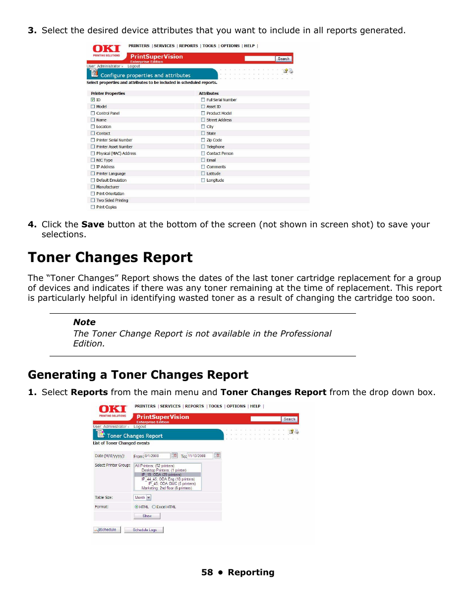 Toner changes report, Generating a toner changes report | Oki PrintSuperVision 59318401 User Manual | Page 58 / 78