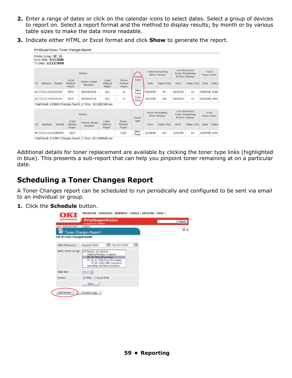 Scheduling a toner changes report | Oki PrintSuperVision 59318401 User Manual | Page 59 / 78