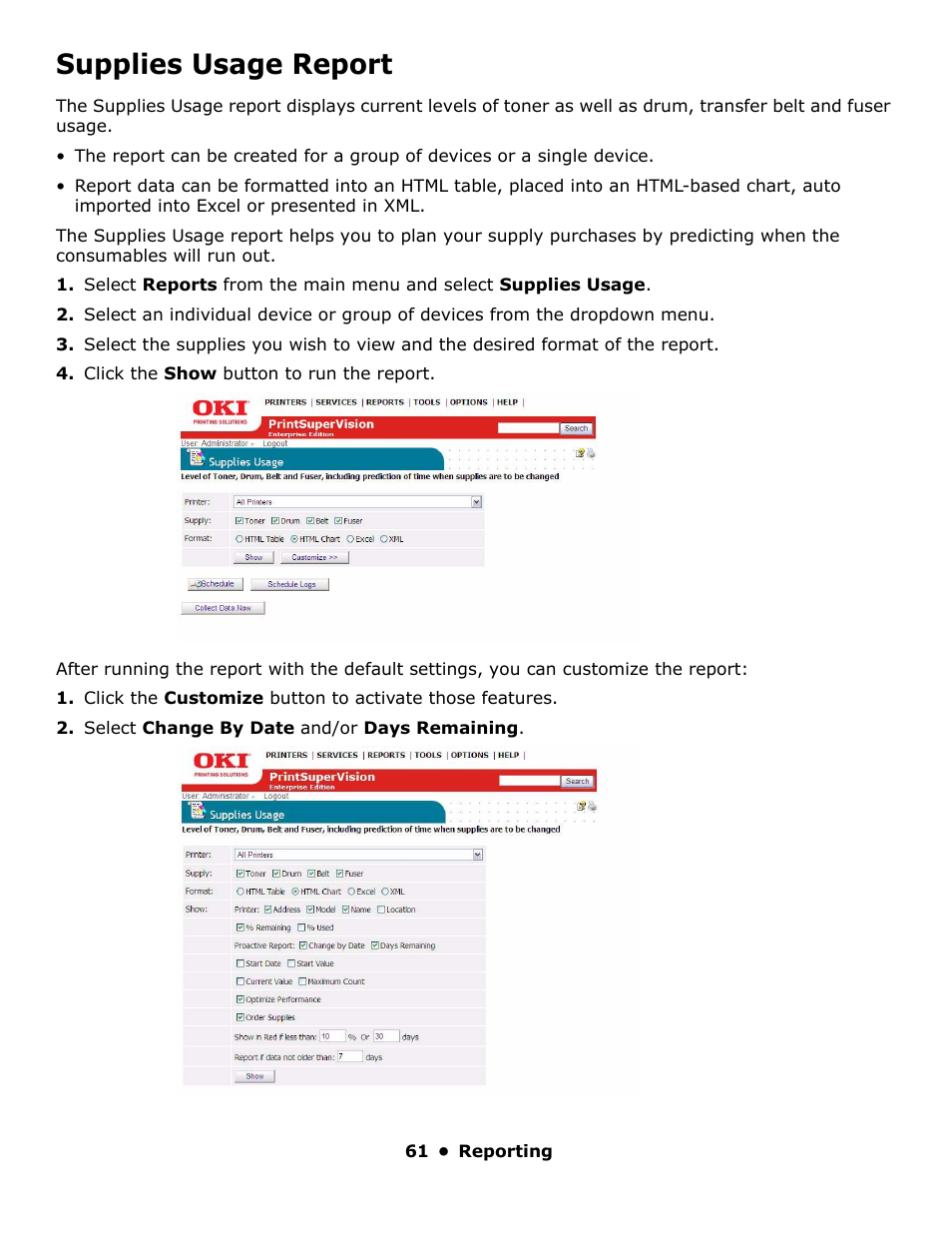 Supplies usage report | Oki PrintSuperVision 59318401 User Manual | Page 61 / 78
