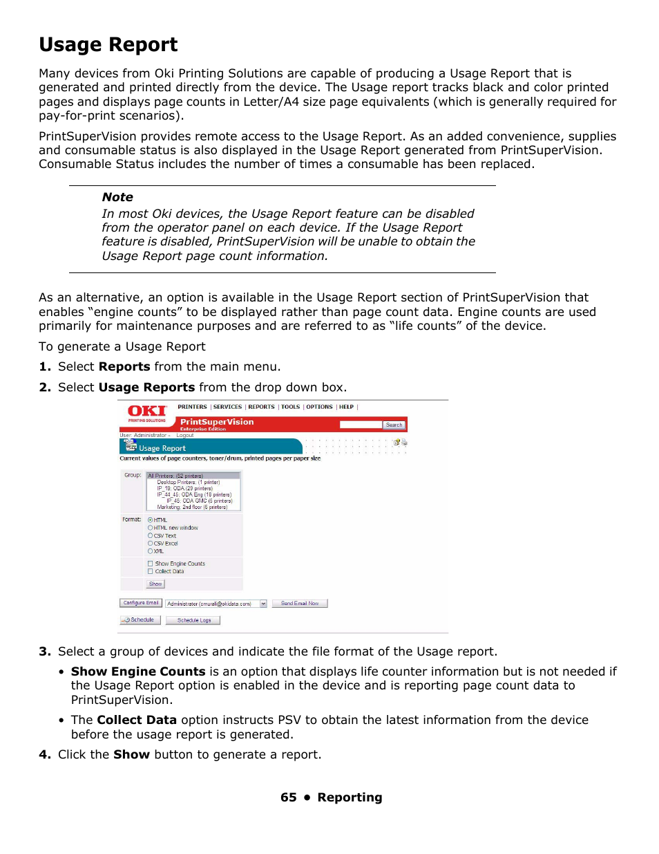 Usage report | Oki PrintSuperVision 59318401 User Manual | Page 65 / 78