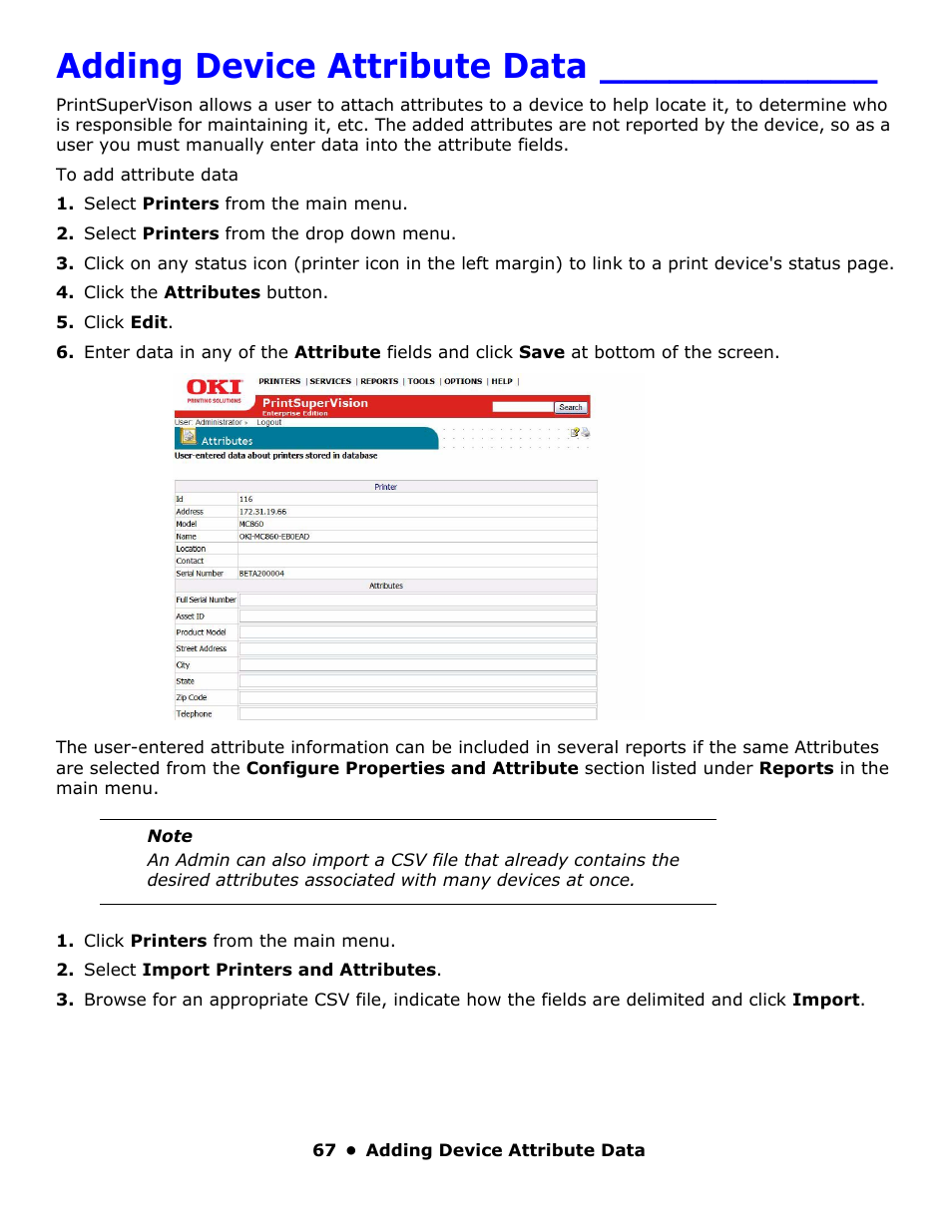Adding device attribute data | Oki PrintSuperVision 59318401 User Manual | Page 67 / 78
