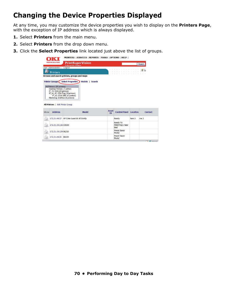 Changing the device properties displayed | Oki PrintSuperVision 59318401 User Manual | Page 70 / 78