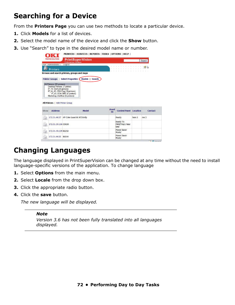 Searching for a device, Changing languages | Oki PrintSuperVision 59318401 User Manual | Page 72 / 78