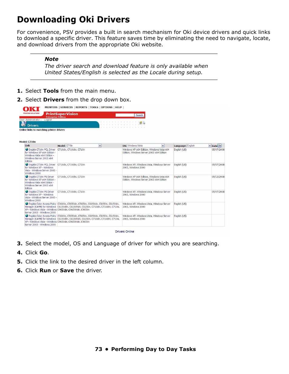 Downloading oki drivers | Oki PrintSuperVision 59318401 User Manual | Page 73 / 78